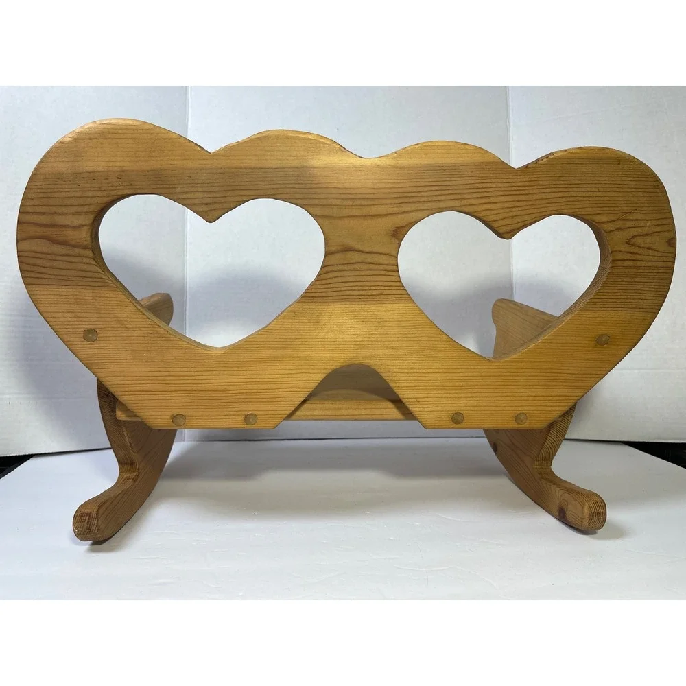 Vintage Wooden Cottagecore Rocking Bench Heart Cutouts Pine  Natural Finish